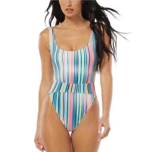 Vince Camuto Striped Women's High-Leg Cut-Out One-Piece Swimsuit swimwear 10 New - Picture 5 of 12